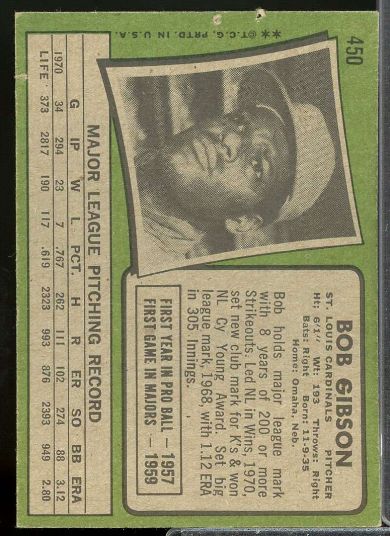 Bob Gibson Card 1971 Topps #450  Image 2