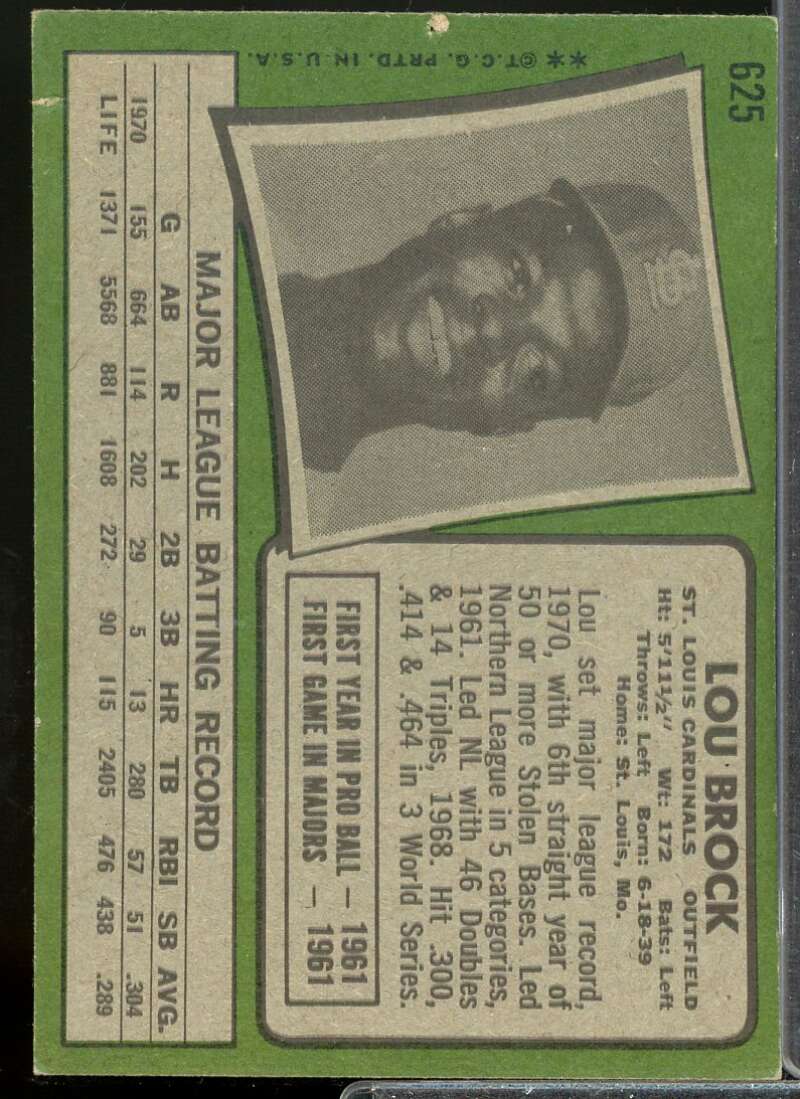 Lou Brock Card 1971 Topps #625  Image 2