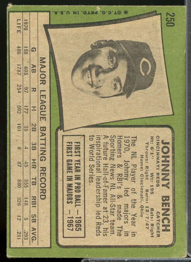 Johnny Bench Card 1971 Topps #250  Image 2