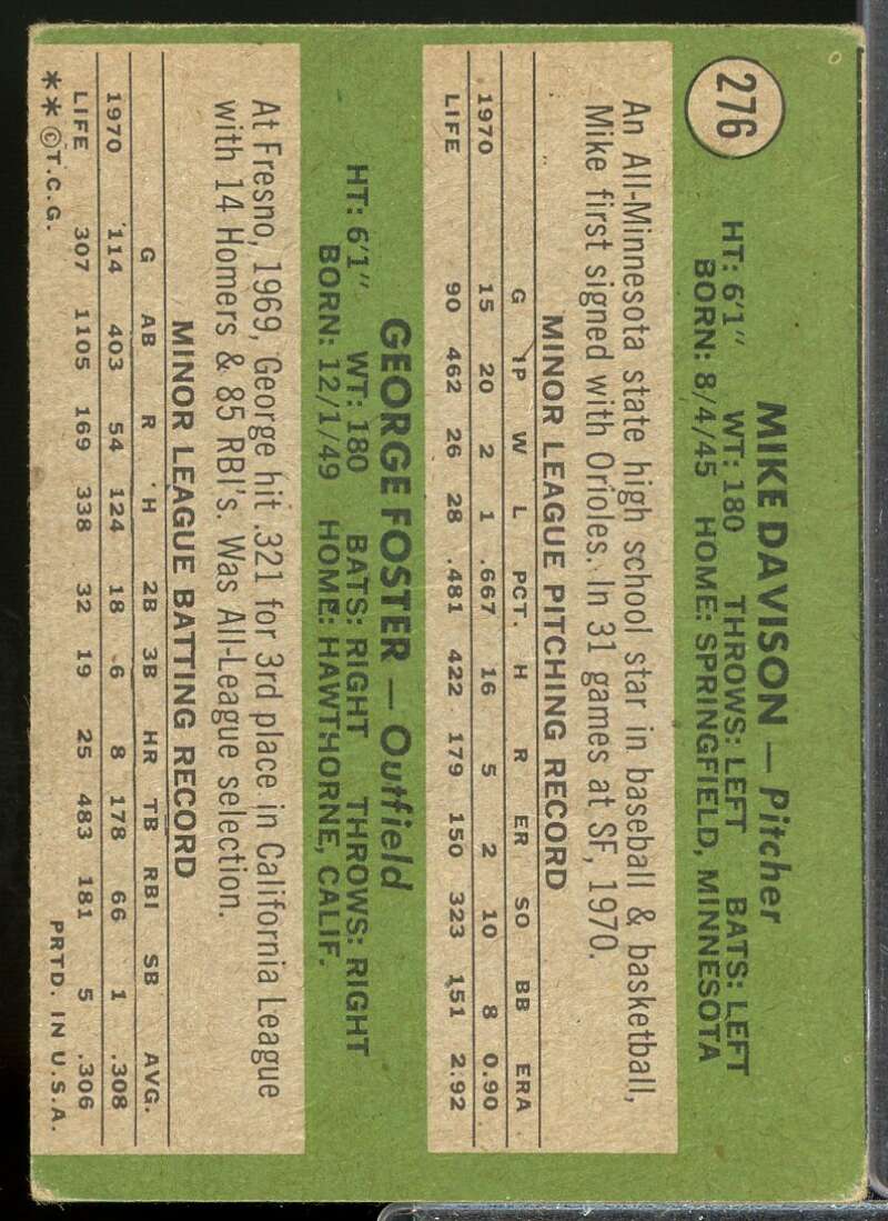 Rookie Stars/Mike Davison RC/George Foster Rookie Card 1971 Topps #276  Image 2