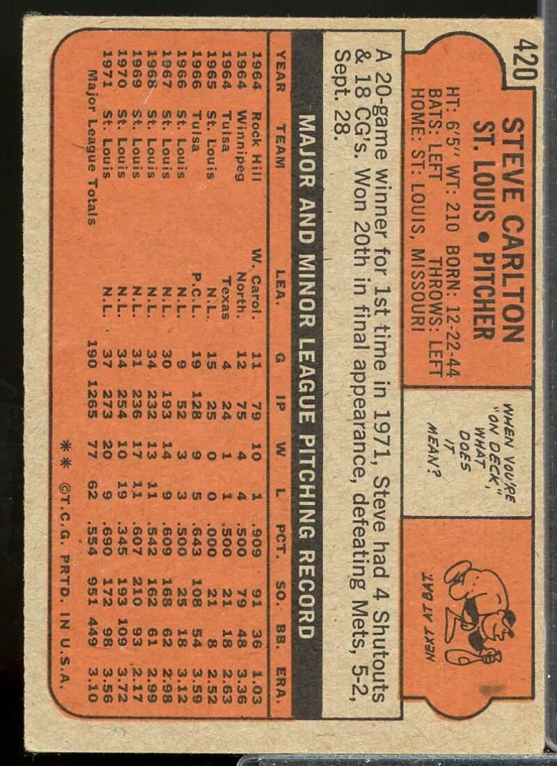 Steve Carlton Card 1972 Topps #420  Image 2