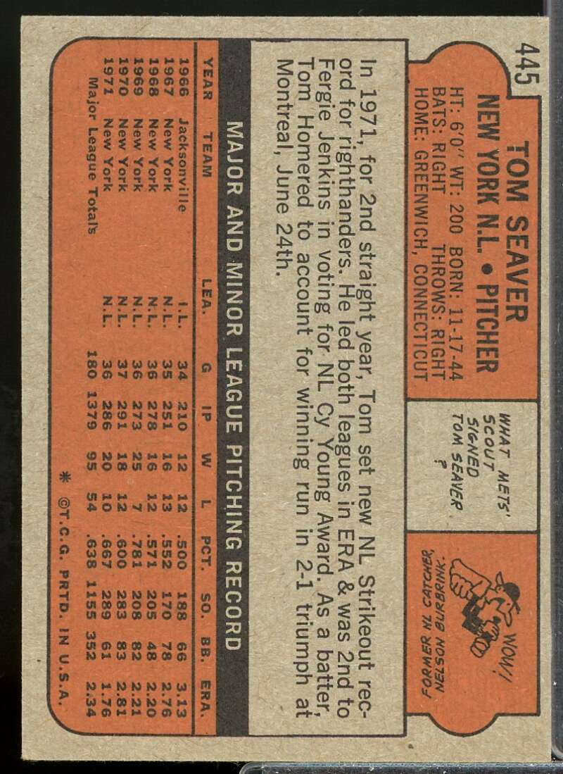 Tom Seaver Card 1972 Topps #445  Image 2