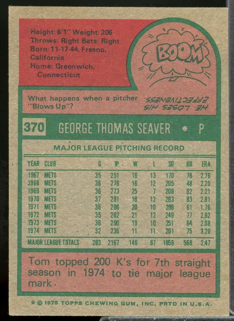 Tom Seaver Card 1975 Topps #370  Image 2