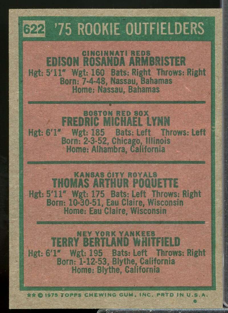 Rookie Outfielders/Armbrister RC/Lynn RC/Poquette RC/Whitfield 1975 Topps #622  Image 2