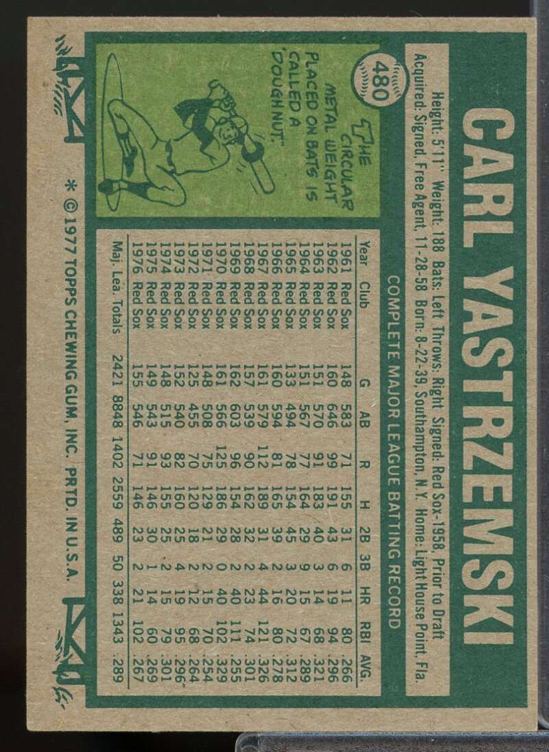 Carl Yastrzemski Card 1977 Topps #480  Image 2