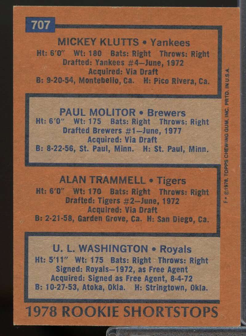 Rookie Shortstops/Klutts/Molitor RC/Trammell RC/Washington RC 1978 Topps #707  Image 2