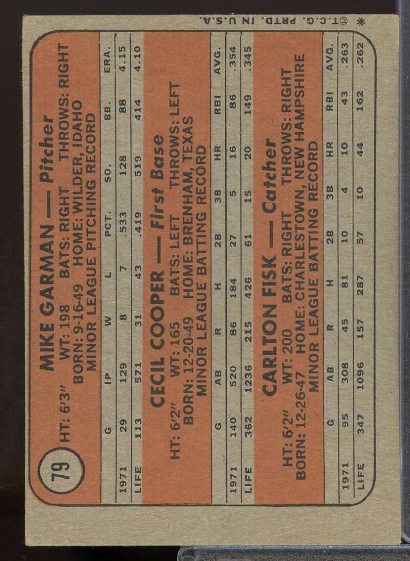 Rookie Stars/Mike Garman/Cecil Cooper RC/Carlton Fisk Rookie 1972 Topps #79  Image 2
