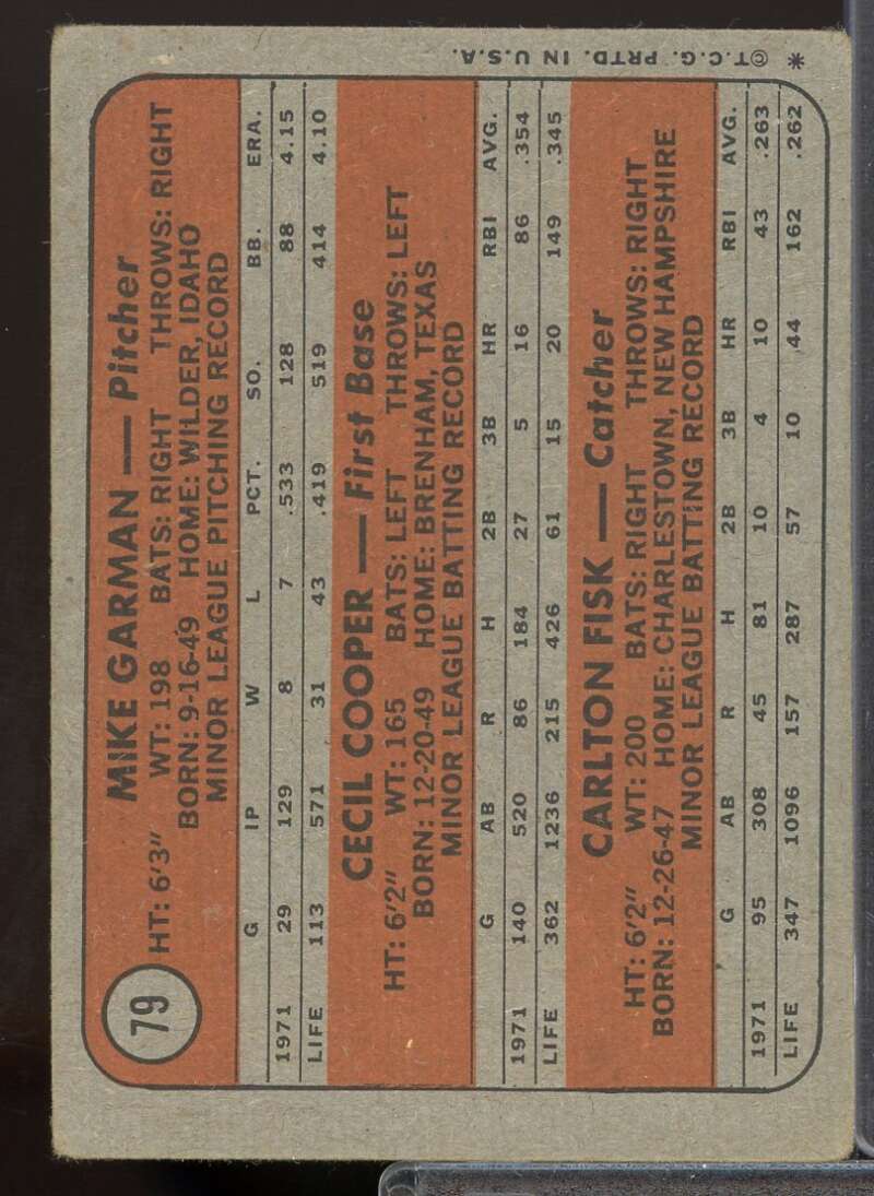 Rookie Stars/Mike Garman/Cecil Cooper RC/Carlton Fisk Rookie 1972 Topps #79  Image 2