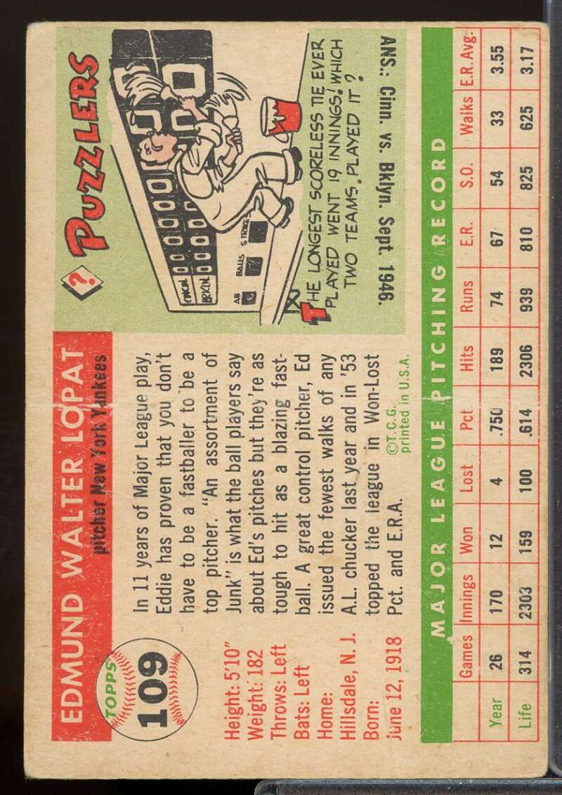 Ed Lopat Card 1955 Topps #109  Image 2