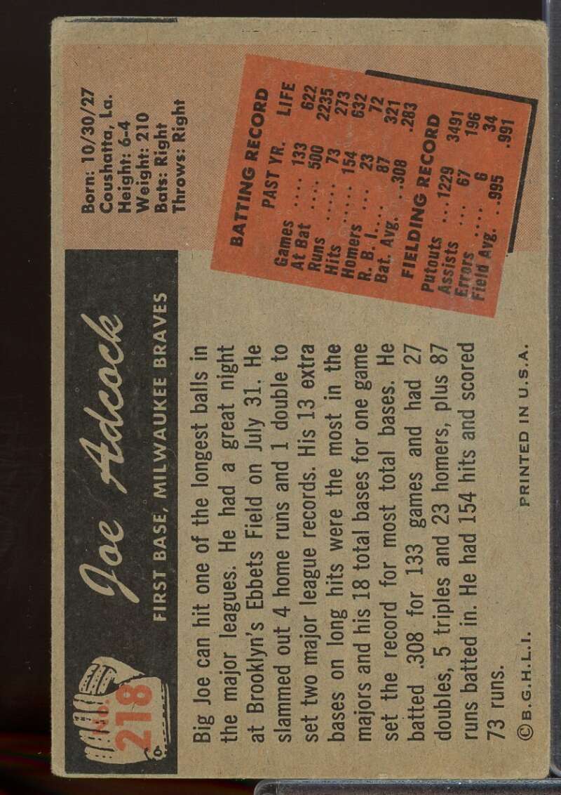 Joe Adcock Card 1955 Bowman #218  Image 2