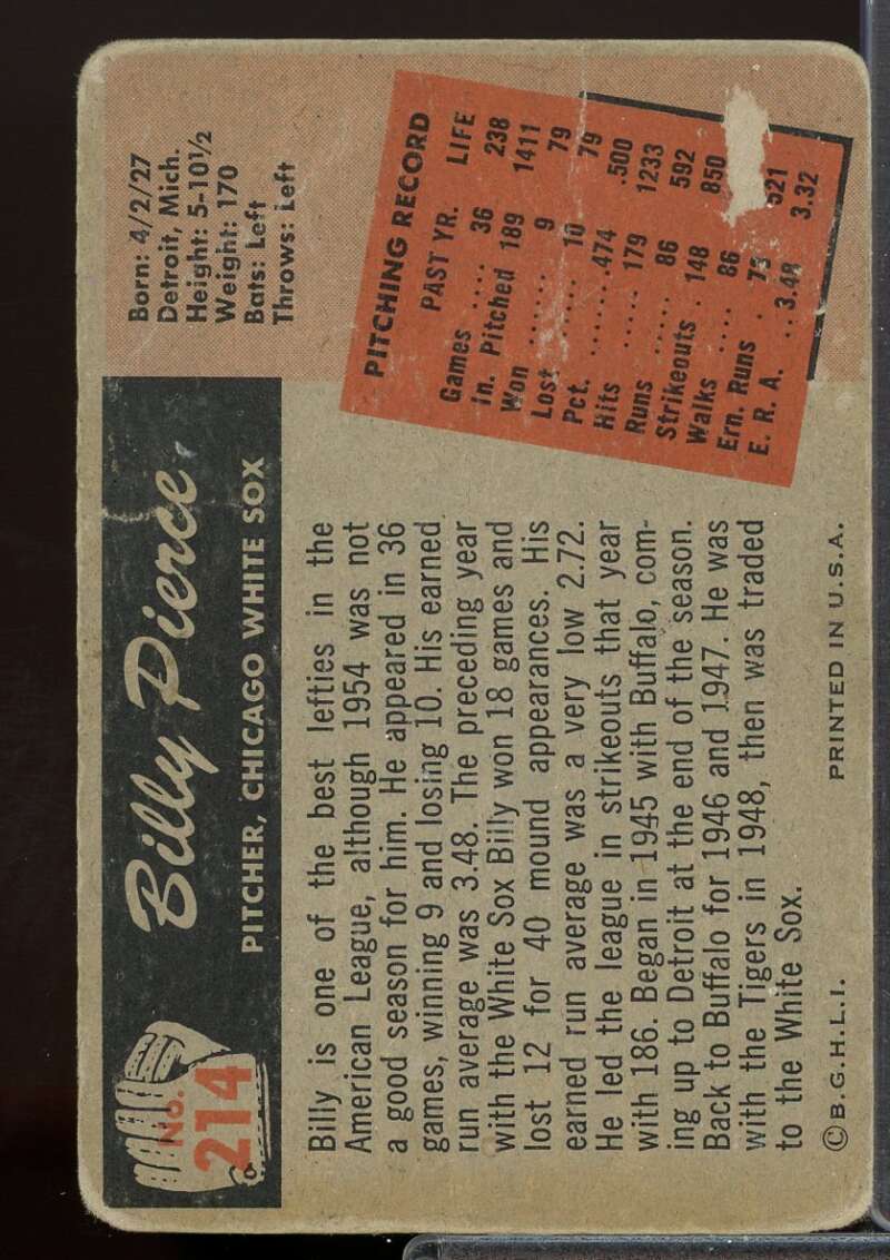 Billy Pierce Card 1955 Bowman #214  Image 2