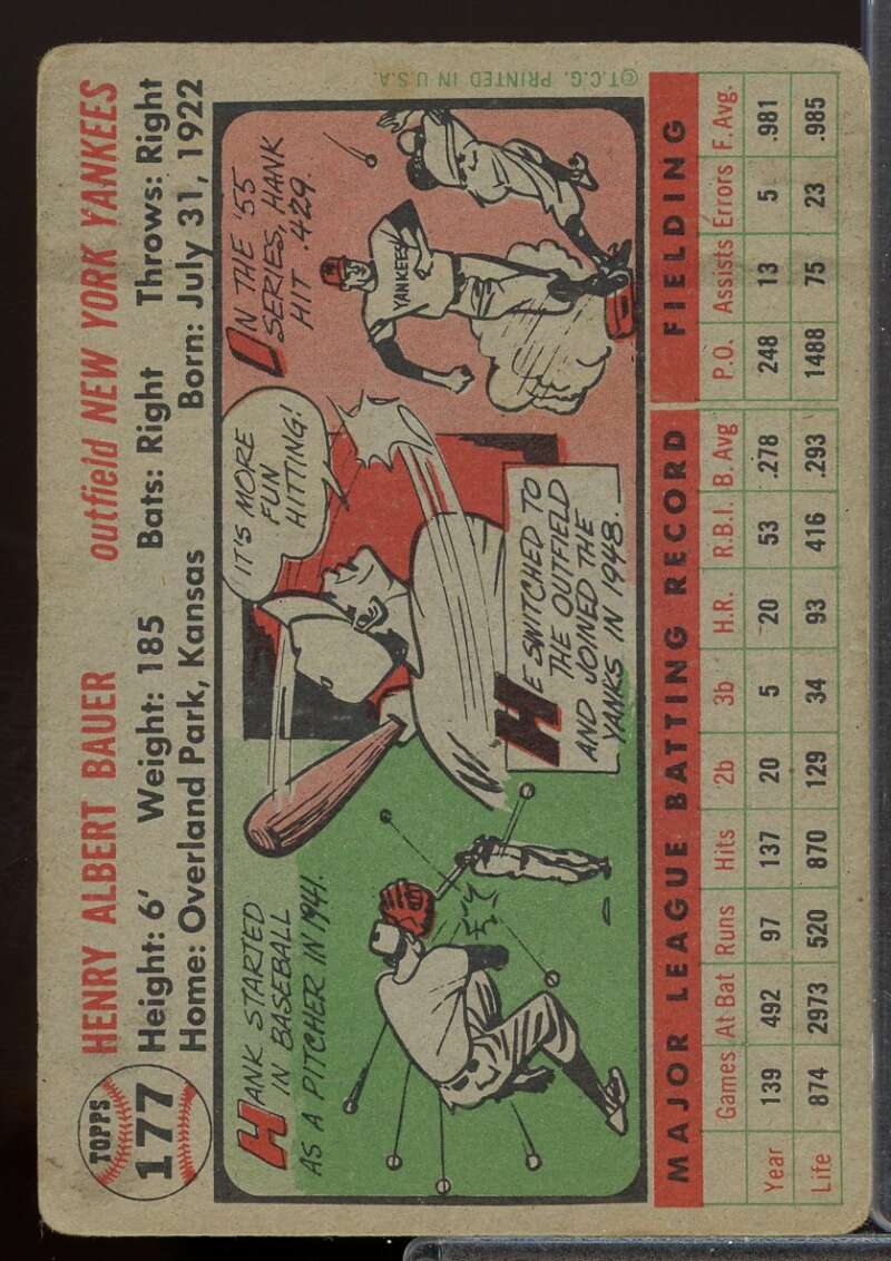 Hank Bauer Card 1956 Topps #177  Image 2