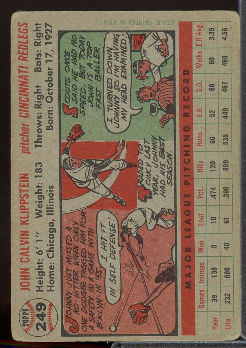 Johnny Klippstein Card 1956 Topps #249  Image 2