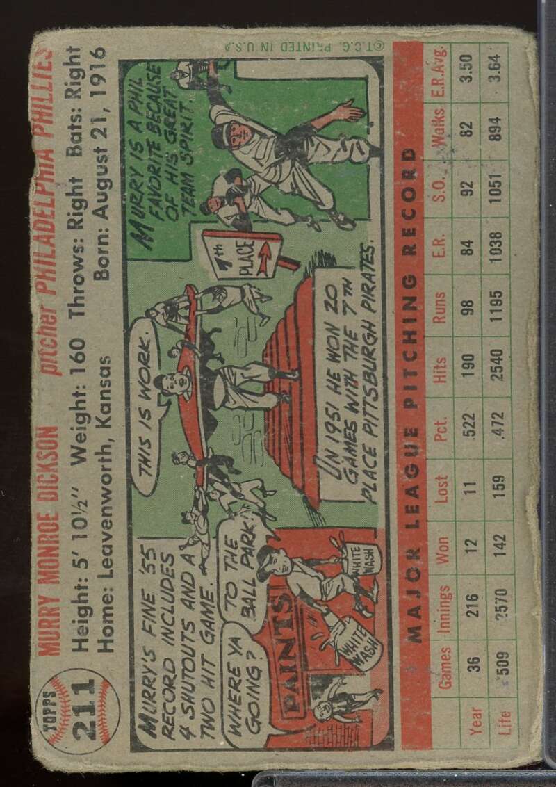 Murry Dickson Card 1956 Topps #211  Image 2