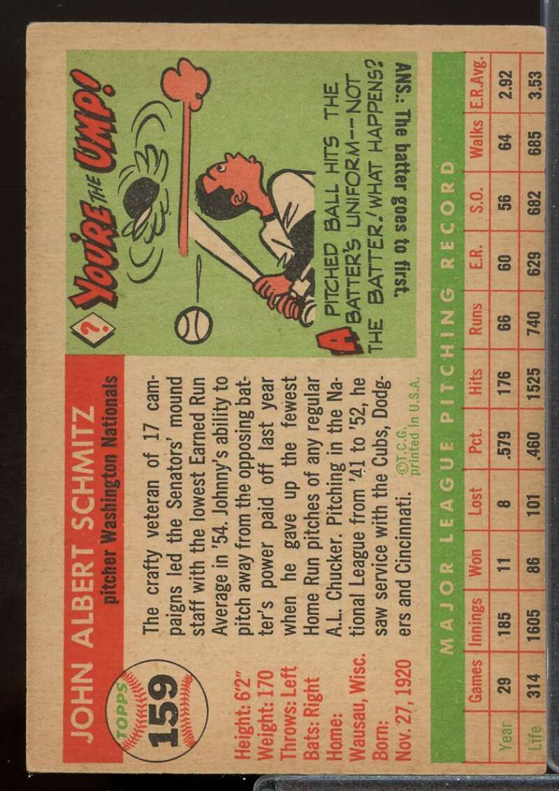 Johnny Schmitz Card 1955 Topps #159  Image 2