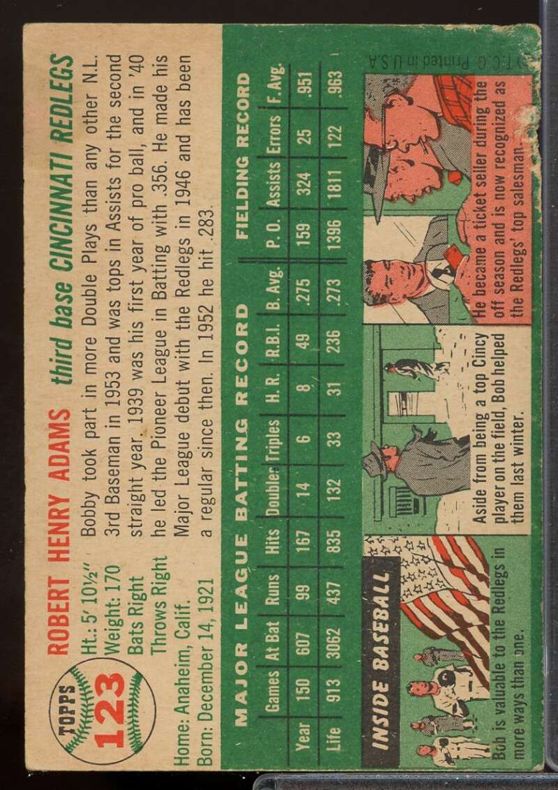 Bobby Adams Card 1954 Topps #123  Image 2