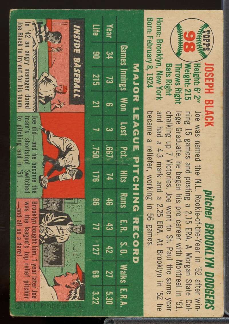 Joe Black Card 1954 Topps #98  Image 2