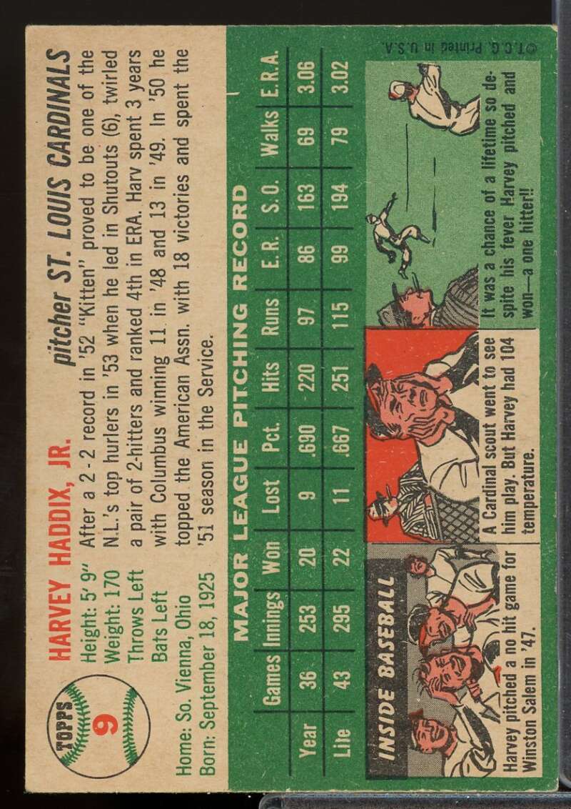Harvey Haddix Card 1954 Topps #9  Image 2