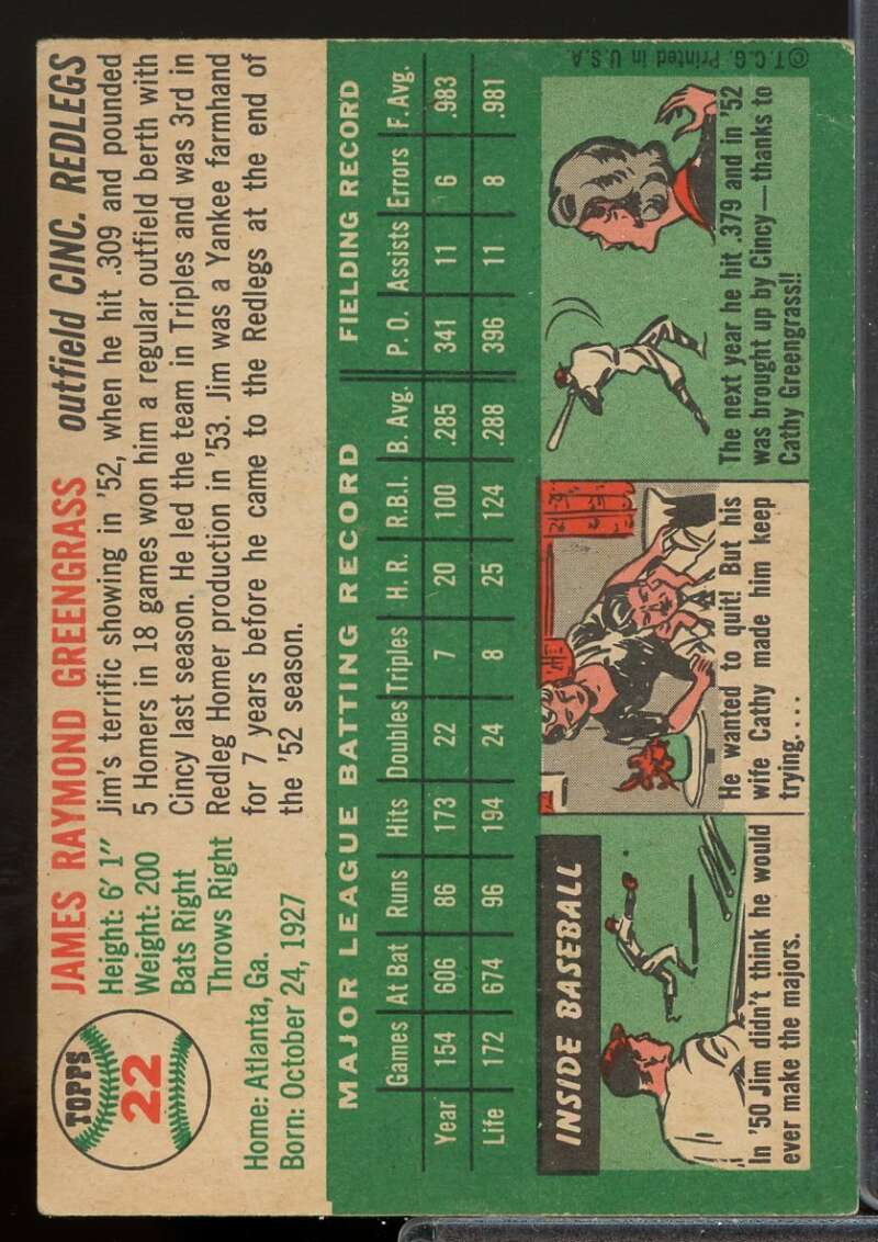 Jim Greengrass Card 1954 Topps #22  Image 2