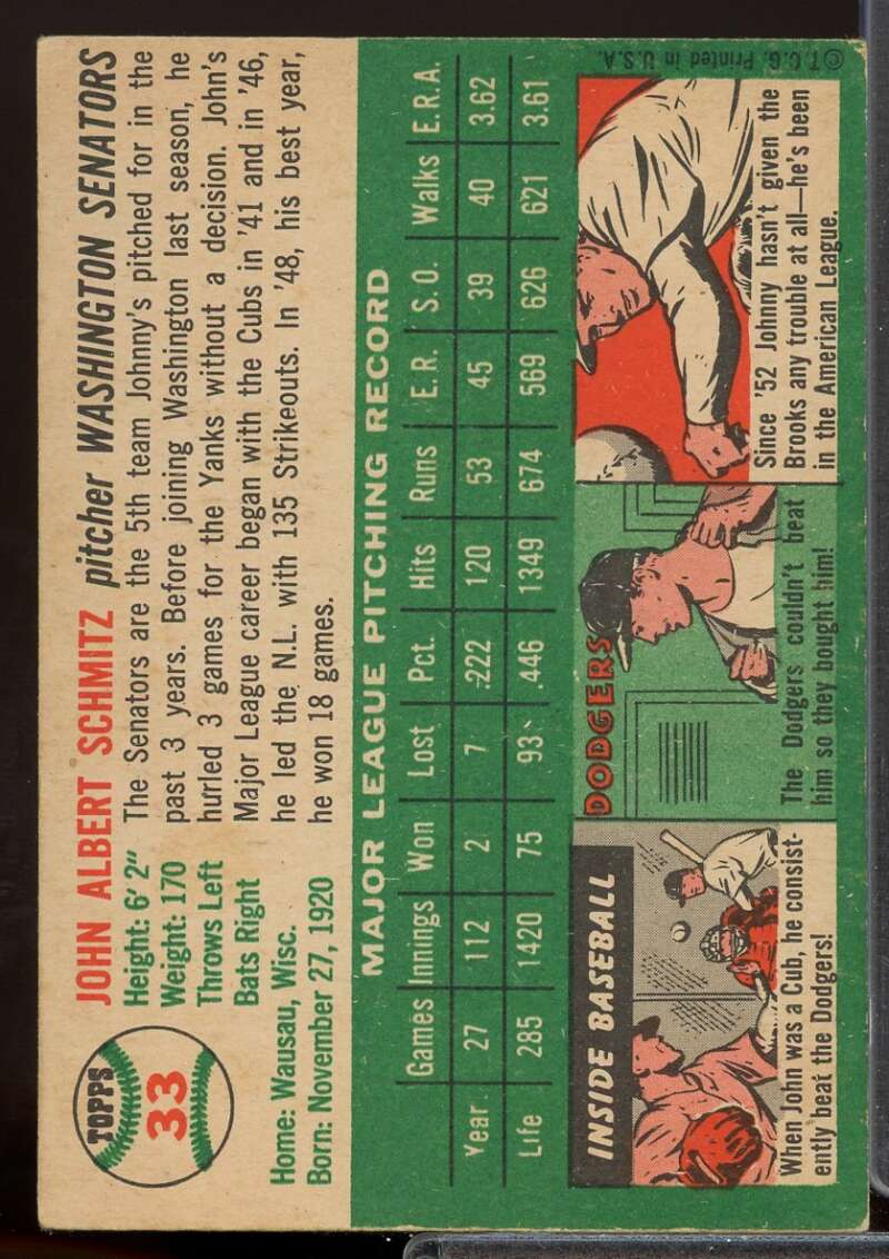 Johnny Schmitz Card 1954 Topps #33  Image 2