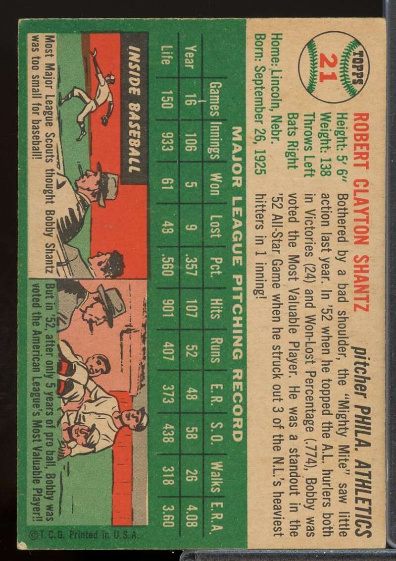 Bobby Shantz Card 1954 Topps #21  Image 2