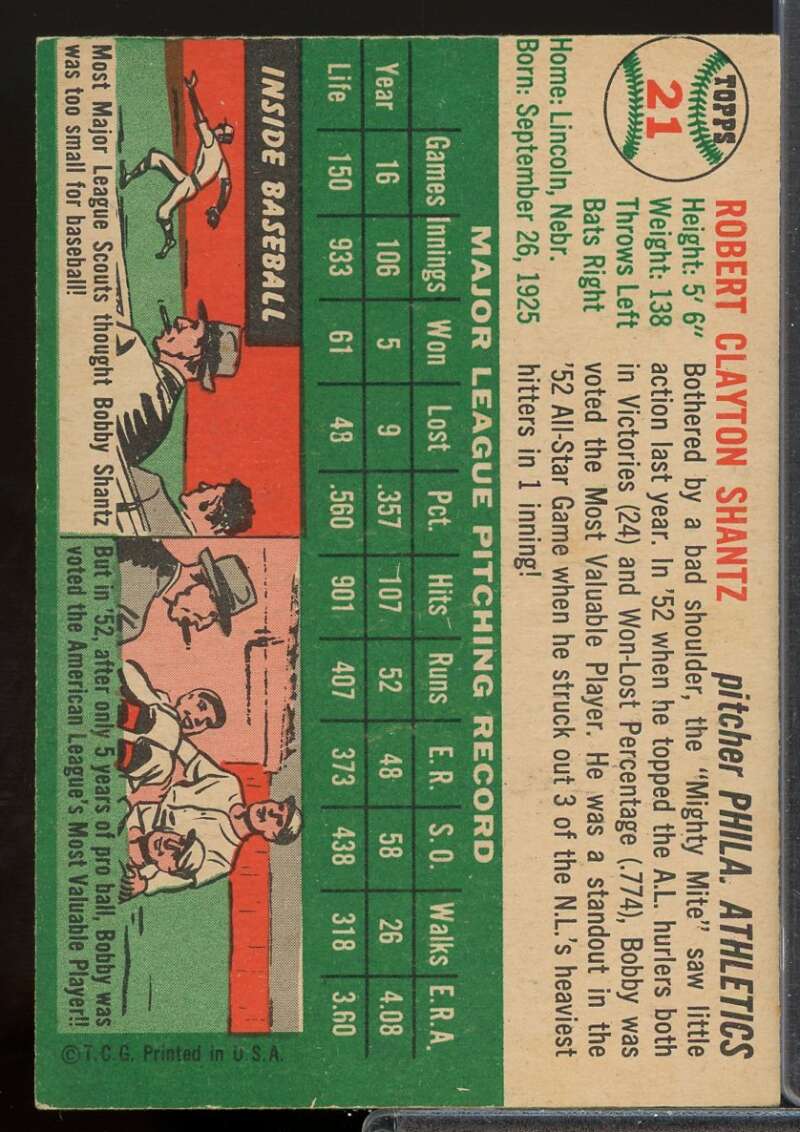 Bobby Shantz Card 1954 Topps #21  Image 2