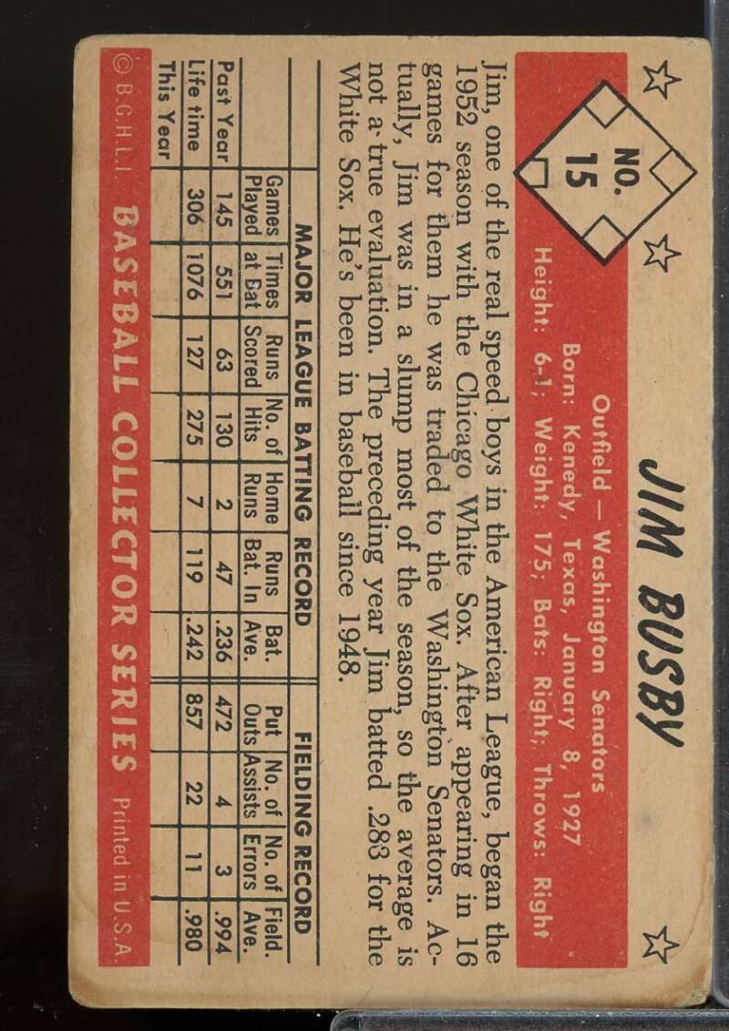 Jim Busby Card 1953 Bowman Color #15  Image 2