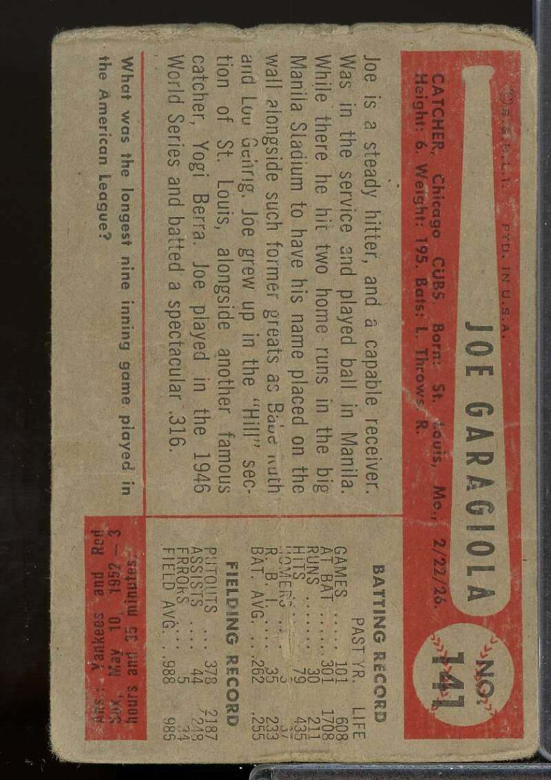 Joe Garagiola Card 1954 Bowman #141  Image 2
