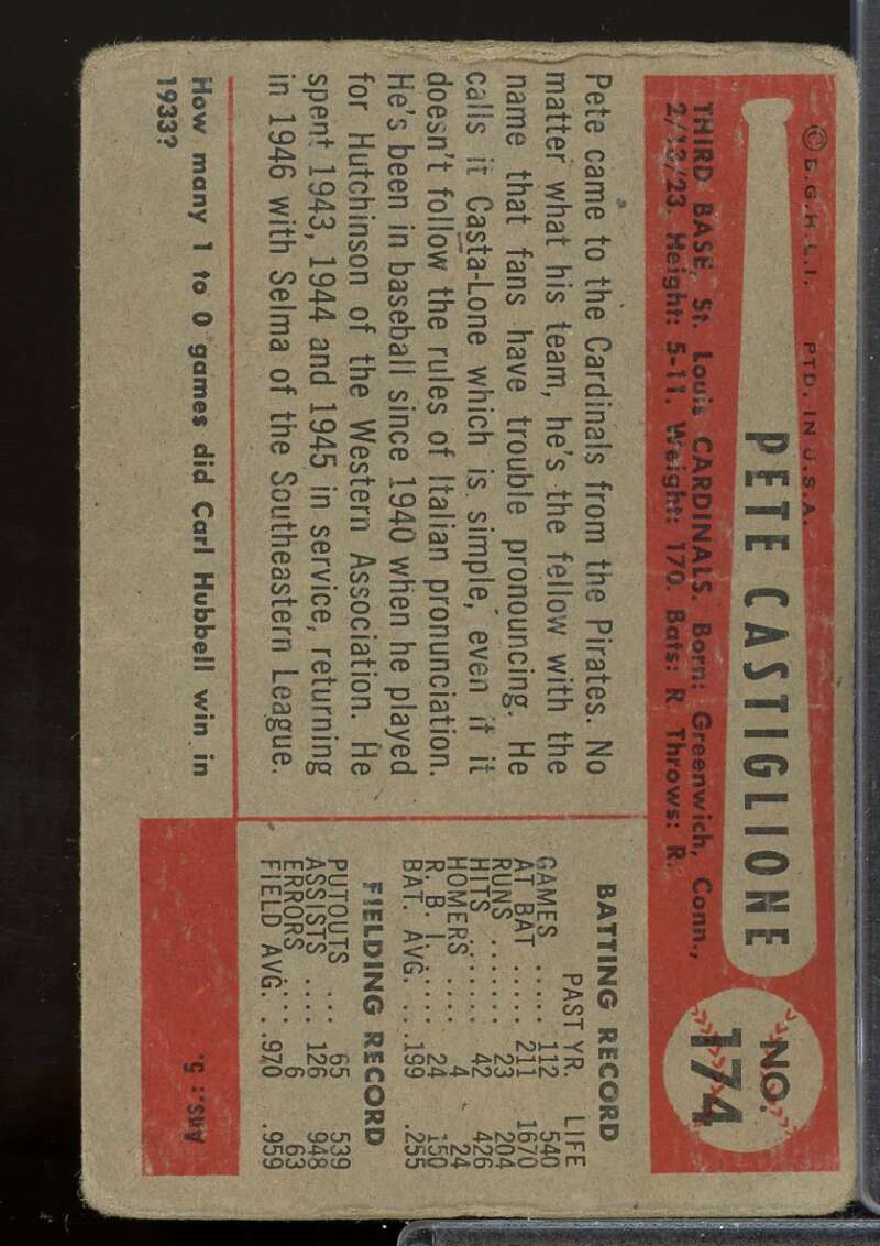 Pete Castiglione/.970/.959 Fielding Avg. Card 1954 Bowman #174B  Image 2