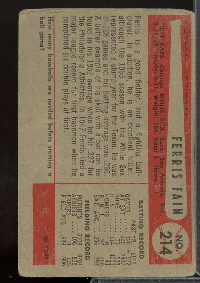 Ferris Fain Card 1954 Bowman #214  Image 2