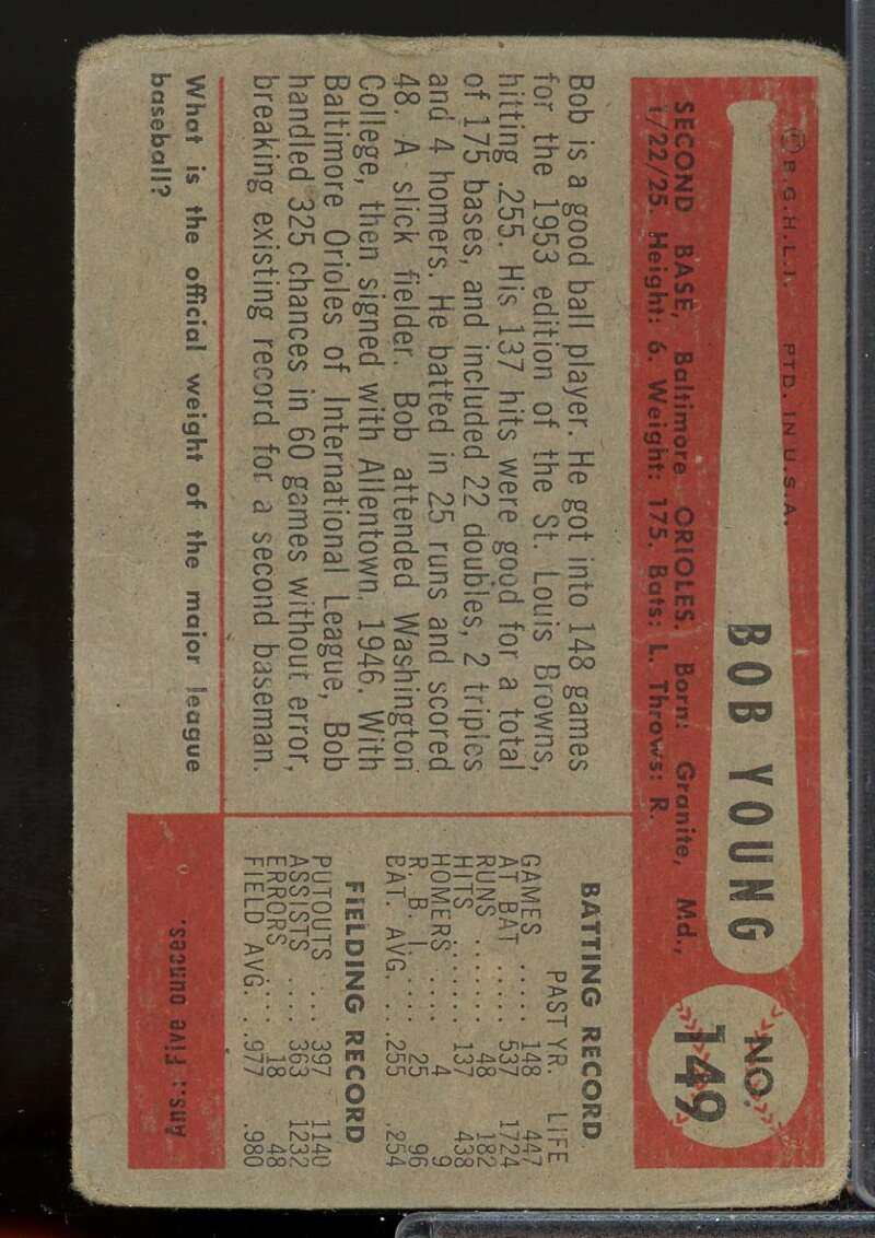 Bob Young Card 1954 Bowman #149  Image 2