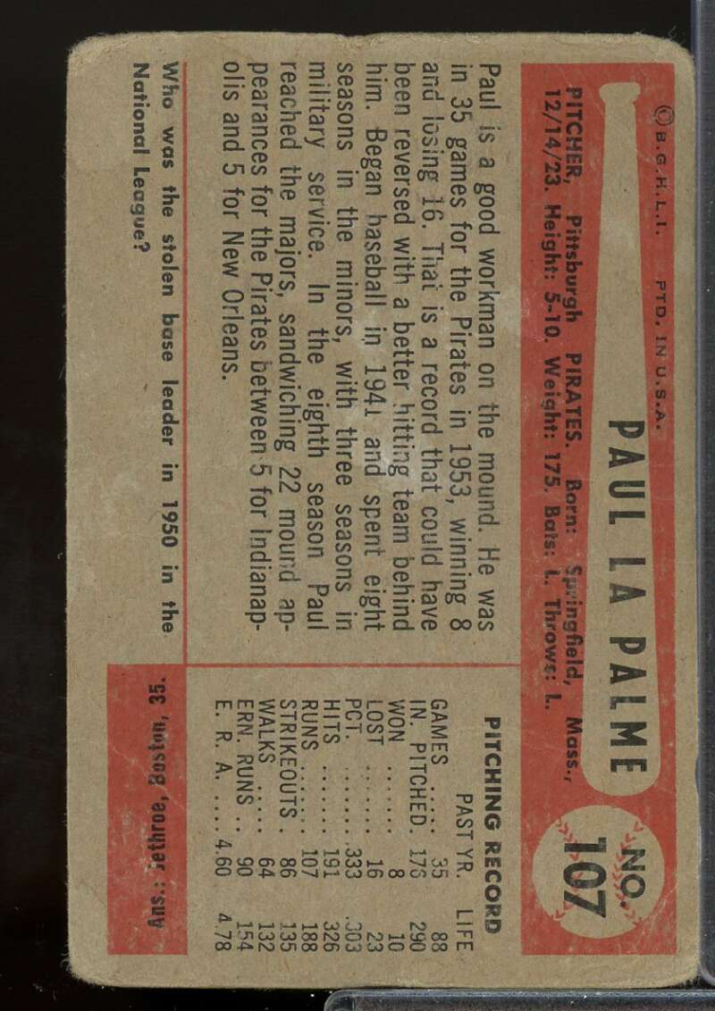 Paul LaPalme Card 1954 Bowman #107  Image 2