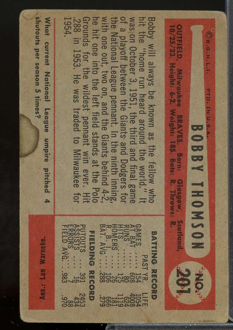 Bobby Thomson Card 1954 Bowman #201  Image 2