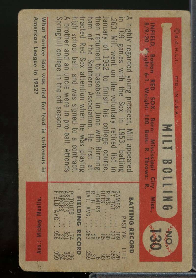 Milt Bolling Card 1954 Bowman #130  Image 2