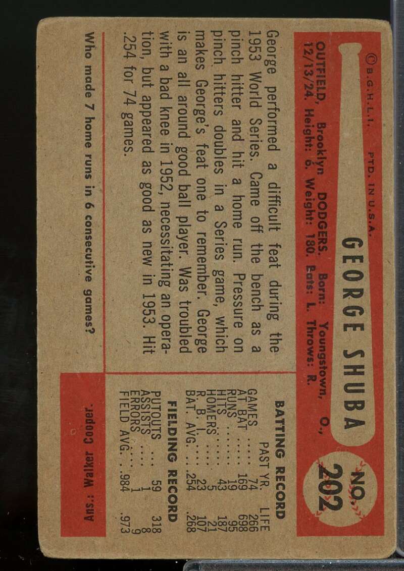George Shuba Card 1954 Bowman #202  Image 2