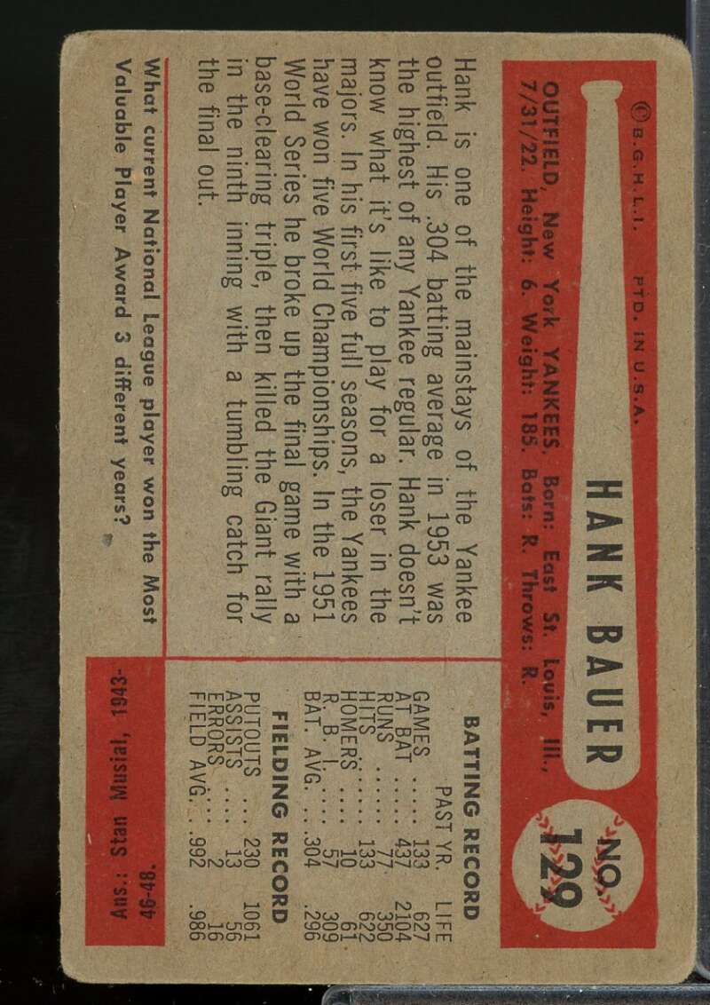 Hank Bauer Card 1954 Bowman #129  Image 2