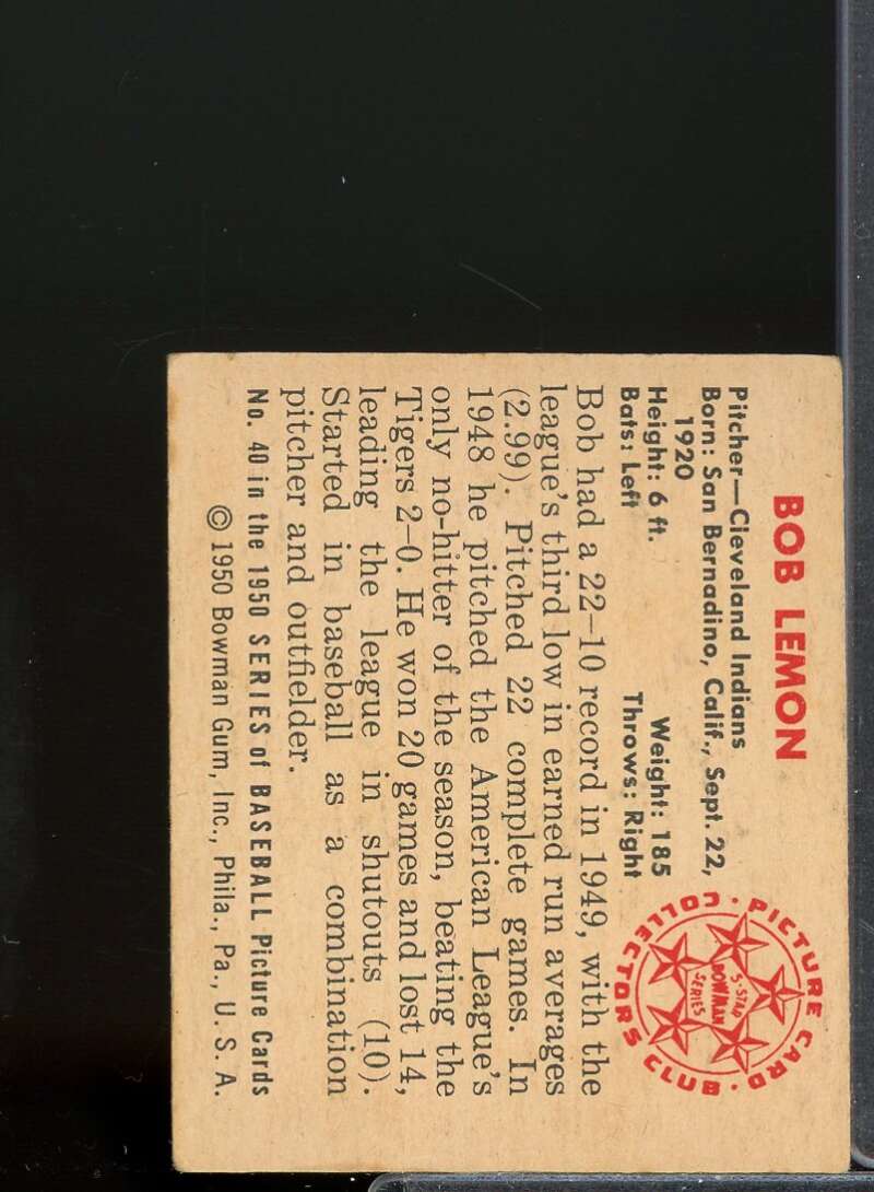 Bob Lemon Card 1950 Bowman #40  Image 2