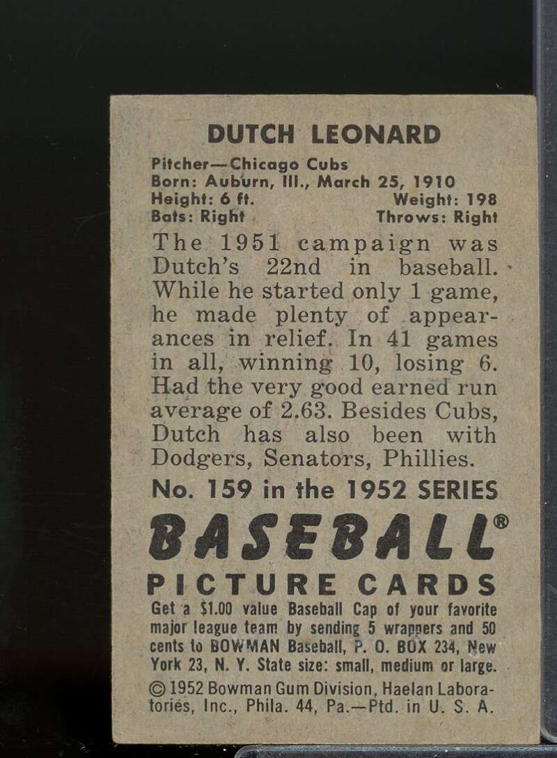 Dutch Leonard Card 1952 Bowman #159  Image 2