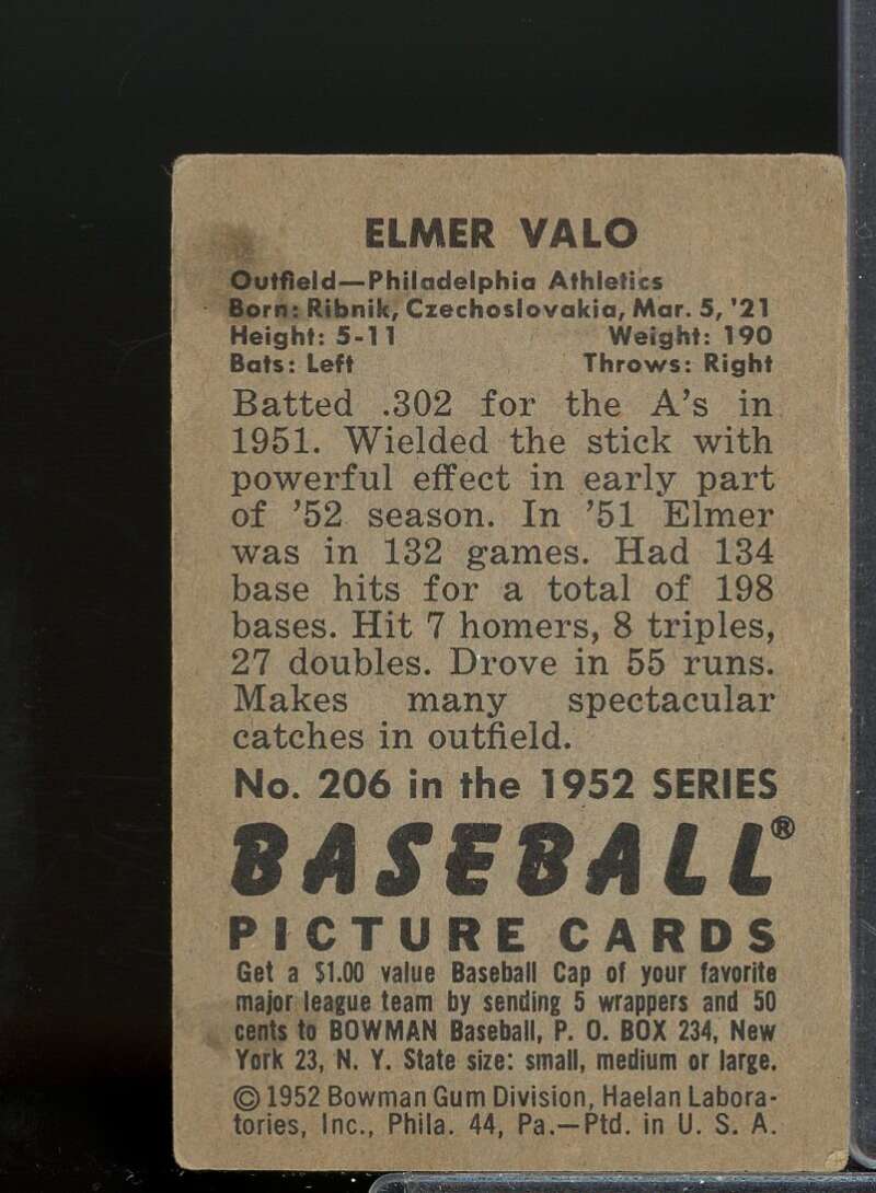 Elmer Valo Card 1952 Bowman #206  Image 2