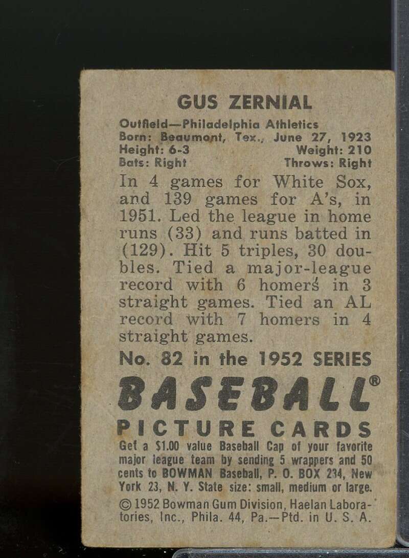 Gus Zernial Card 1952 Bowman #82  Image 2