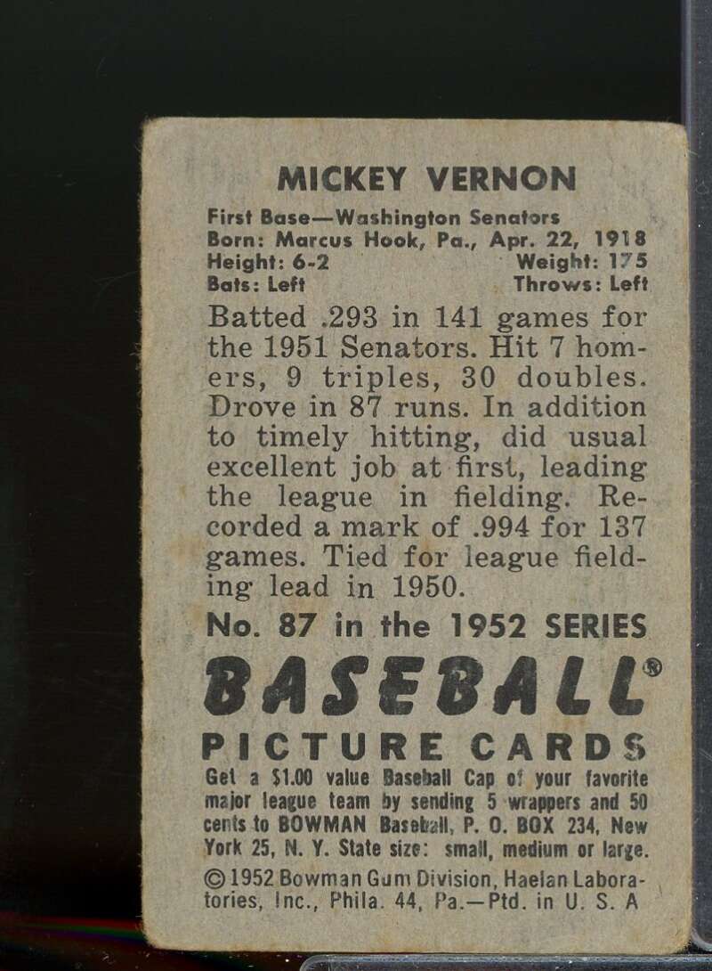 Mickey Vernon Card 1952 Bowman #87  Image 2