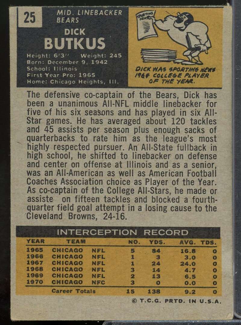Dick Butkus Card 1971 Topps #25  Image 2