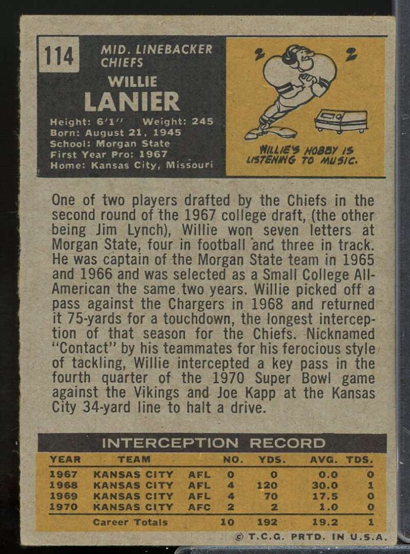 Willie Lanier Rookie Card 1971 Topps #114  Image 2