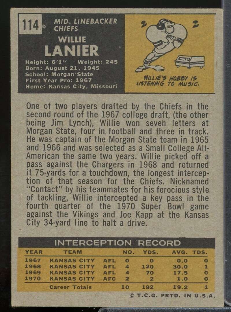 Willie Lanier Rookie Card 1971 Topps #114  Image 2