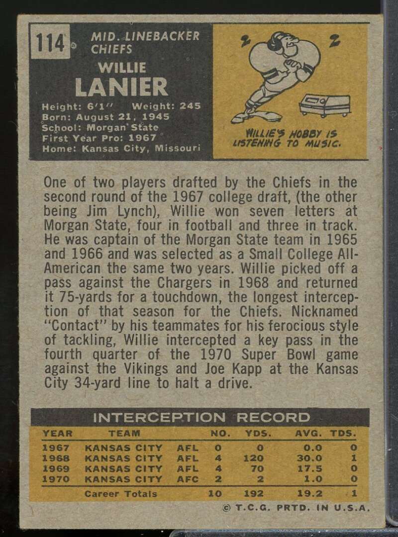 Willie Lanier Rookie Card 1971 Topps #114  Image 2