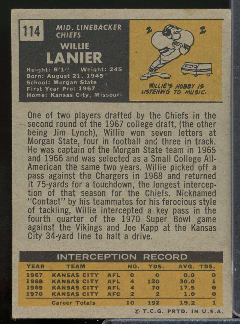 Willie Lanier Rookie Card 1971 Topps #114  Image 2