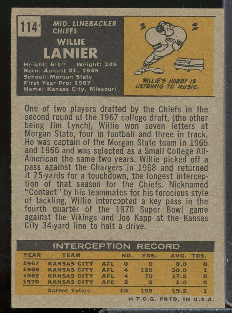 Willie Lanier Rookie Card 1971 Topps #114  Image 2