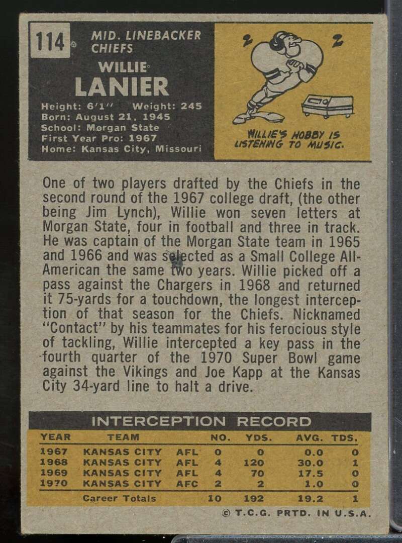 Willie Lanier Rookie Card 1971 Topps #114  Image 2