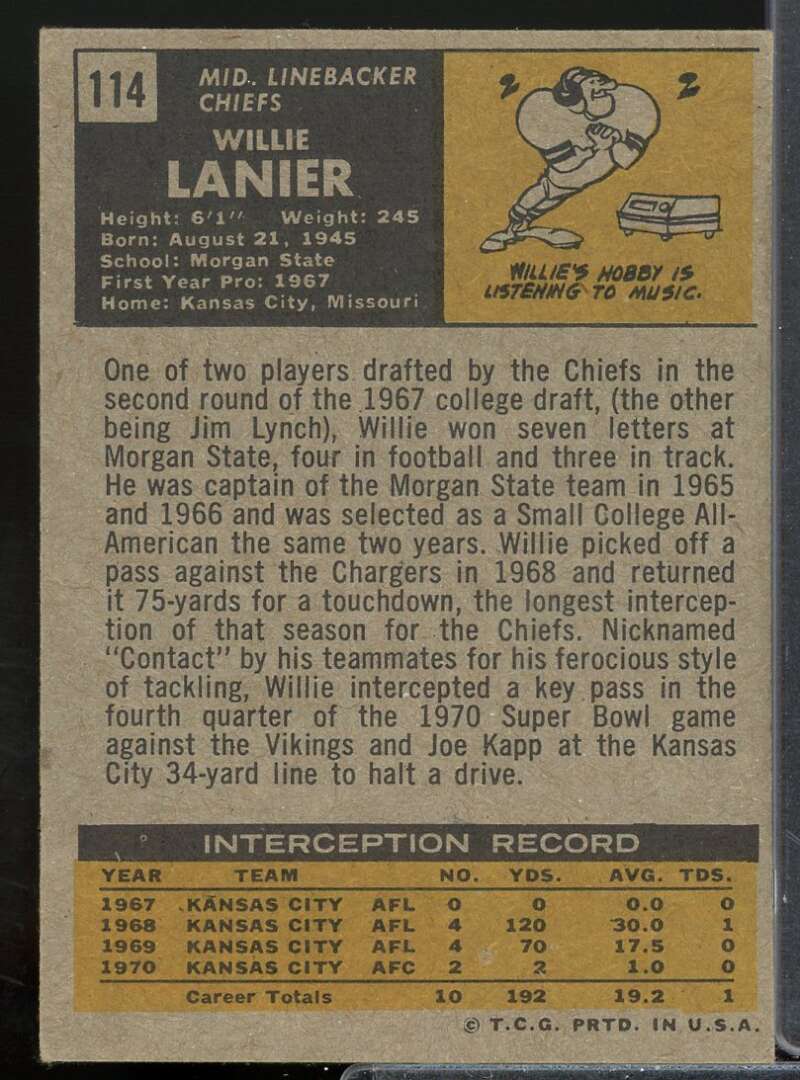 Willie Lanier Rookie Card 1971 Topps #114  Image 2