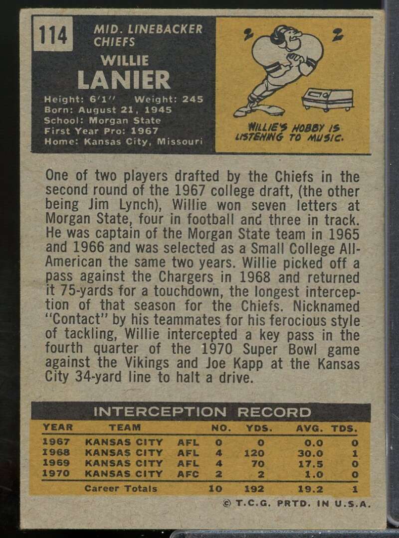Willie Lanier Rookie Card 1971 Topps #114  Image 2
